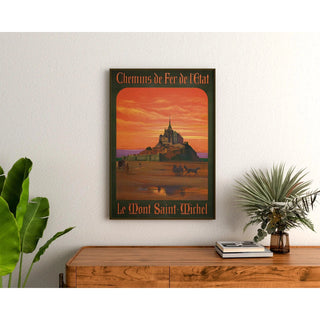 Affiche Mont-Saint-Michel vintage – Coucher de soleil et traversée en calèche
