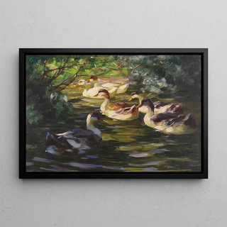 Alexander Koester - Sechs Enten auf dem Wasser unter Uferstruchern.webp