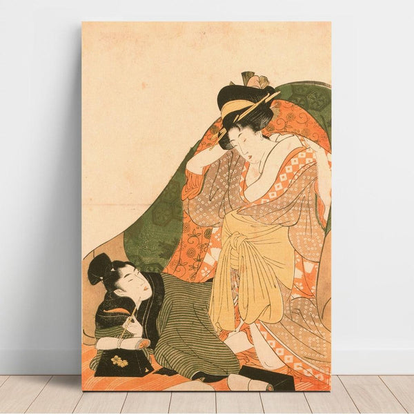 Reproductie van het schilderij Liefhebbers onder een futon; openingsbeeld van een erotische serie - Kitagawa Utamaro