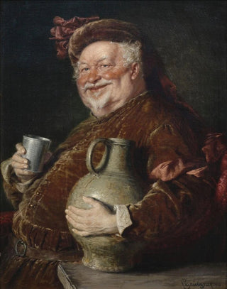 Eduard von Grtzner - Falstaff at the table with a wine jug and pewter cup.webp