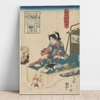 Femme à table, chat blanc bondissant sur un papillon - Utagawa Kuniyoshi | Reproduction Tableau Décoration murale affiche copie