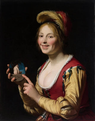 Gerard van Honthorst - Smiling Girl a Courtesan Holding an Obscene Image.webp