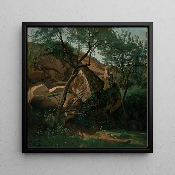 Jong herder tussen de rotsen, Fontainebleau-bos - Jean-Baptiste-Camille Corot — ingelijst kunstwerk aan de muur