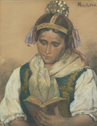 Jozef Hanula - Reading in traditional costume.webp