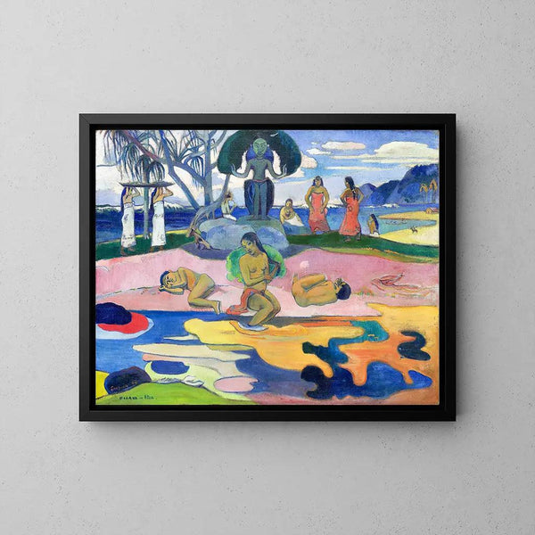 Reproductie van het schilderij van Mahana no atua (godsdagsdag) van Paul Gauguin