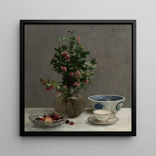 Nature morte avec vase de houx, bol de cerises, bol japonais et tasse et soucoupe - Henri Fantin-Latour