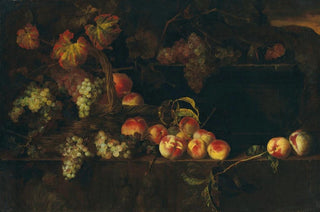 Nicolas de Largillire - Grapes and peaches in a wicker basket with other fruit on a ledge a landscape beyond.webp