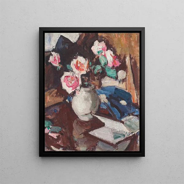 Roze rozen in een vaas — Samuel John Peploe — ingelijst kunstwerk aan de muur