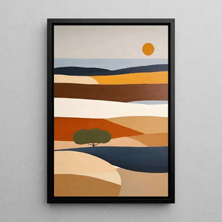 Tableau Coloré – Soleil d’Argile | Affiche Paysage Stylisé Terre Cuite et Tons Naturels | Déco Bohème pour Salon ou Chambre