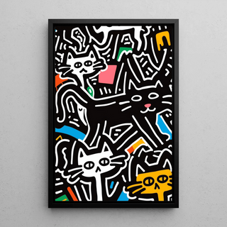 Tableau Pop Art – Chats Stylisés | Affiche Urbaine Colorée Style Keith Haring | Poster Graphique et Ludique pour Déco Contemporaine