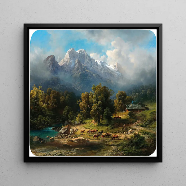 Koeien die grazen bij een alpien meer - Carl Millner — ingelijst kunstwerk aan de muur