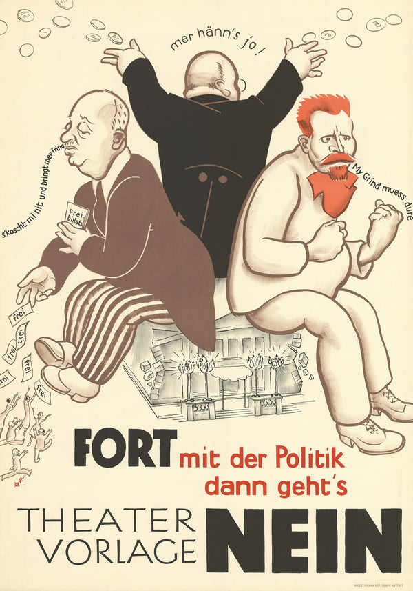Vintage theaterposter 'Theatervorlage Nein' stijl politieke karikatuur