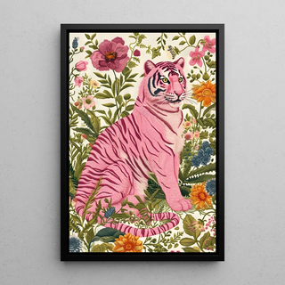 Dierenposter - Roze Bloemen Tijger