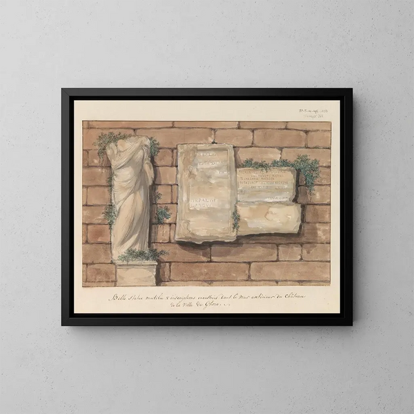 Beeldhouwwerk beschadigd en inscripties geïntegreerd in de muur van een kasteel in de stad Gozo - Abraham Louis Rodolphe Ducros — ingelijst kunstwerk aan de muur