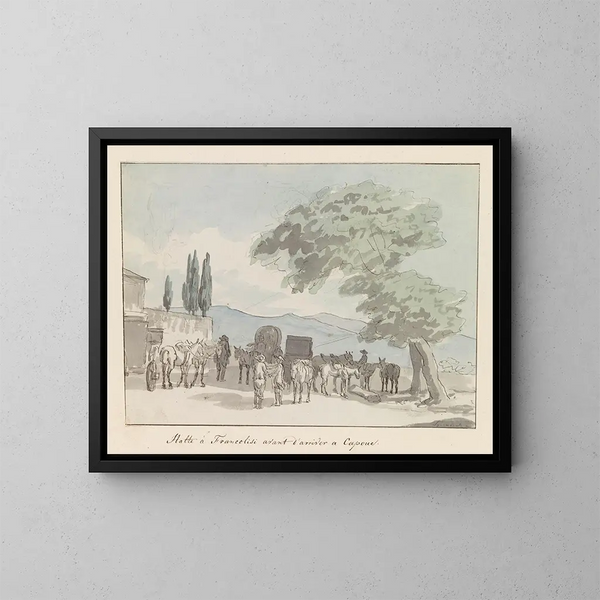 Stop bij Francolisi vóór aankomst in Capoue - Abraham Louis Rodolphe Ducros — ingelijst kunstwerk aan de muur