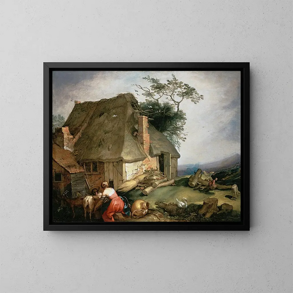 van een boerderij met boeren die geiten verzorgen - Abraham Bloemaert — ingelijst kunstwerk aan de muur