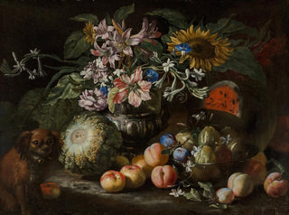Abraham Brueghel - A still life of fruit and flowers in a footed gadrooned silver vase with a spaniel looking on.webp