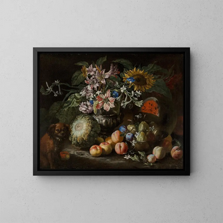 Abraham Brueghel - A still life of fruit and flowers in a footed gadrooned silver vase with a spaniel looking on.webp