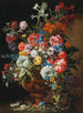Crocus, lilies, nigellas, and other flowers in a decorative terracotta vase on a stone ledge - Abraham Brueghel — artwork view