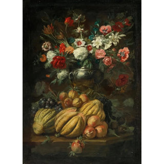 Abraham Brueghel - Flowers in a vase and fruit on a table.webp