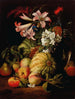 Lys and other flowers in a glass vase with peaches and melons - Abraham Brueghel — artwork view