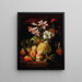 Lys and other flowers in a glass vase with peaches and melons - Abraham Brueghel — framed artwork on a wall