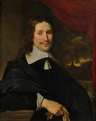 Abraham Lambertsz van den Tempel - Portrait of a gentleman holding gloves halflength before a landscape.webp