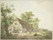 van een boerenhuis aan de weg met vijf koeien en een ruiter voor het huis, vijf personages en een hond - Abraham Teerlink — weergave van het kunstwerk