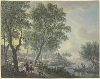Abraham Teerlink - Links begegnet ein Schafhirte einem Milchmdchen rechts in einem Kahn drei Fischer und einer in Uniform hinter einem Weidenbaum.webp