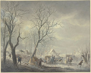 Abraham Teerlink - Winterlandschaft Schlittschuhlufer bei Zelten auf dem Kanal ein Husar umarmt ein Getrnke haltendes Mdchen.webp