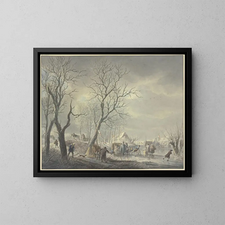 Abraham Teerlink - Winterlandschaft Schlittschuhlufer bei Zelten auf dem Kanal ein Husar umarmt ein Getrnke haltendes Mdchen.webp