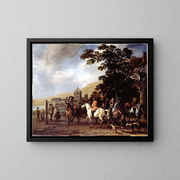 Een openlucht dressuingschool - Abraham van Calraet — ingelijst kunstwerk aan de muur