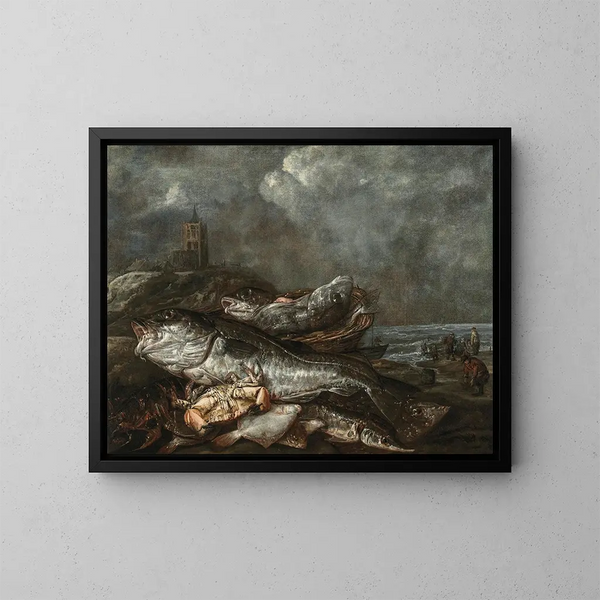 Vis op het strand in Egmond - Abraham van Beyeren — ingelijst kunstwerk aan de muur