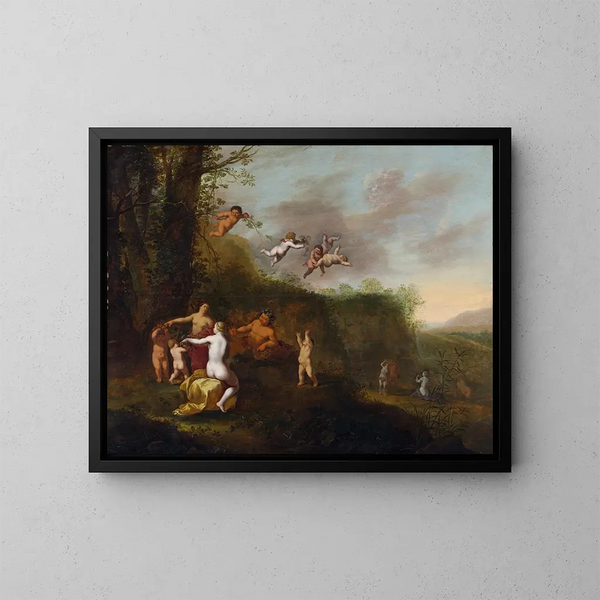 Bacchus en de nimfen in een landschap - Abraham van Cuylenborch — ingelijst kunstwerk aan de muur