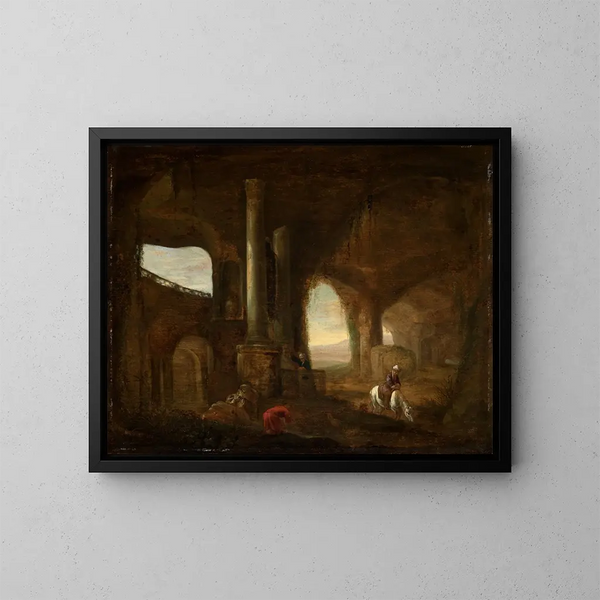Binnenlandsch schilderij van een ruïne met figuren van Oriëntalen - Abraham van Cuylenborch — ingelijst kunstwerk aan de muur
