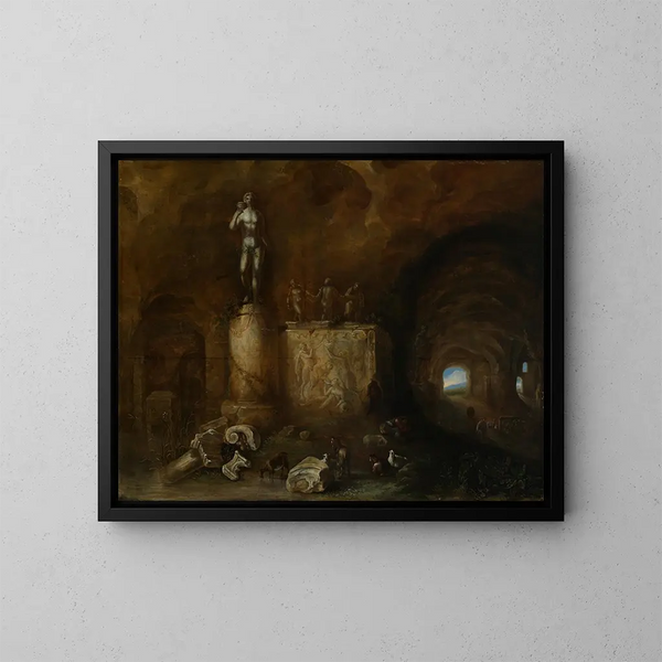 van een binnenkant van een grot met sculpturen en een slapende herder - Abraham van Cuylenborch — ingelijst kunstwerk aan de muur