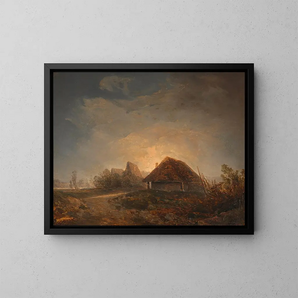 Landschap van het westen van Hongarije met hutten en een opkomende maan - Adalbert Stifter — ingelijst kunstwerk aan de muur