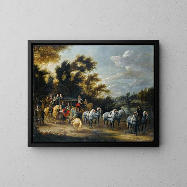 Halte de carrosse près d'un bois - Adam Frans van der Meulen — ingelijst kunstwerk aan de muur