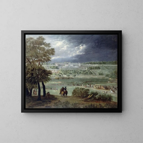 Het Nieuwe Kasteel van Saint-Germain-en-Laye en de tuinen gezien vanaf de rechteroever van de Seine - Adam Frans van der Meulen — ingelijst kunstwerk aan de muur