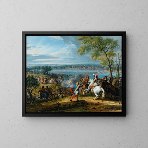 De oversteek van de Rijn bij Lobith op 16 juni 1672 - Adam Frans van der Meulen — ingelijst kunstwerk aan de muur