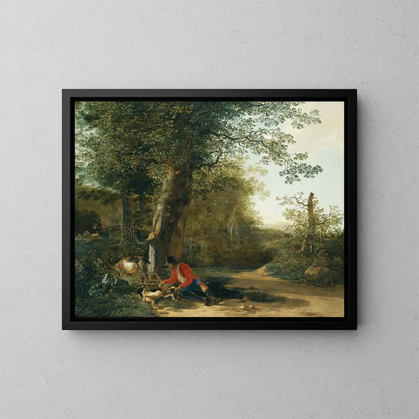 Een boer die met zijn hond speelt terwijl hij uitrust aan de rand van een bos - Adam Pynacker — ingelijst kunstwerk aan de muur