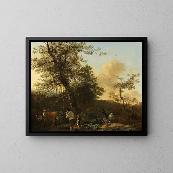 van Bergers en vee in een weiland - Adam Pynacker — ingelijst kunstwerk aan de muur