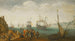 Een zeeschilderij met vijf schepen op zee en een andere in de haven, met voornamelijk mannelijke groepen die betrokken zijn bij de aankoop of verkoop van vissen of andere goederen - Adam Willaerts — weergave van het kunstwerk