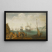 Een zeeschilderij met vijf schepen op zee en een andere in de haven, met voornamelijk mannelijke groepen die betrokken zijn bij de aankoop of verkoop van vissen of andere goederen - Adam Willaerts — ingelijst kunstwerk aan de muur