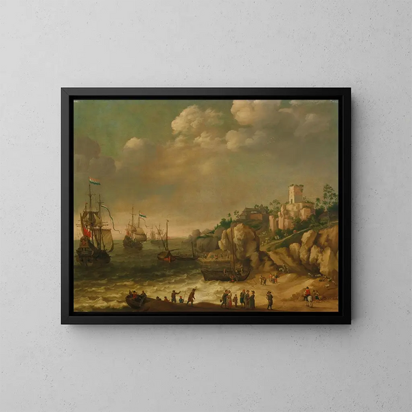 Nederlandse schepen voor een rotsachtige kust met figuren en gebouwen op de achtergrond - Adam Willaerts — ingelijst kunstwerk aan de muur