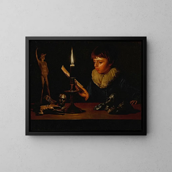 van een jongen achter een tafel met beeldjes die lezen bij het licht van een kaars - Adam de Coster — ingelijst kunstwerk aan de muur