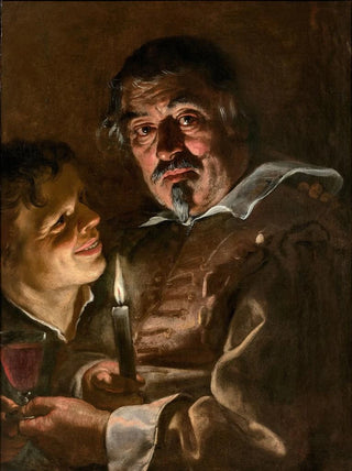 Adam de Coster - Homme mur et jeune garon tenant un verre de vin la lumire dune bougie.webp