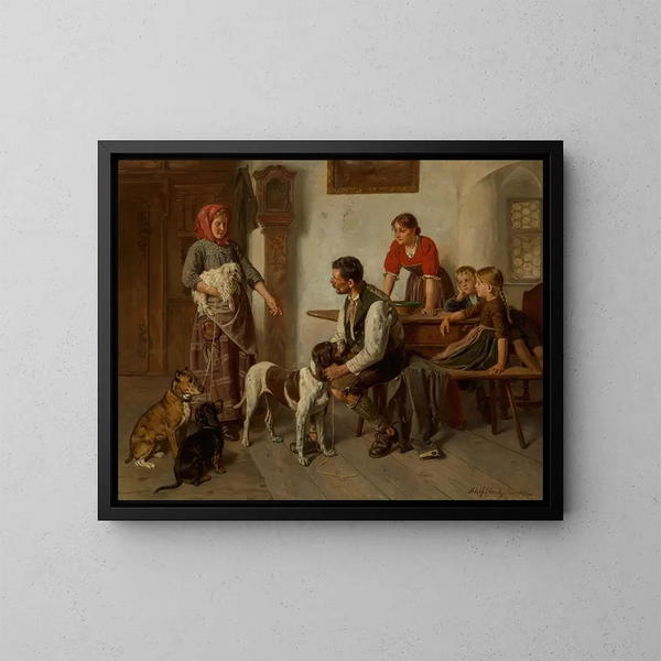 De hondenverkoper - Adolf Eberle — ingelijst kunstwerk aan de muur