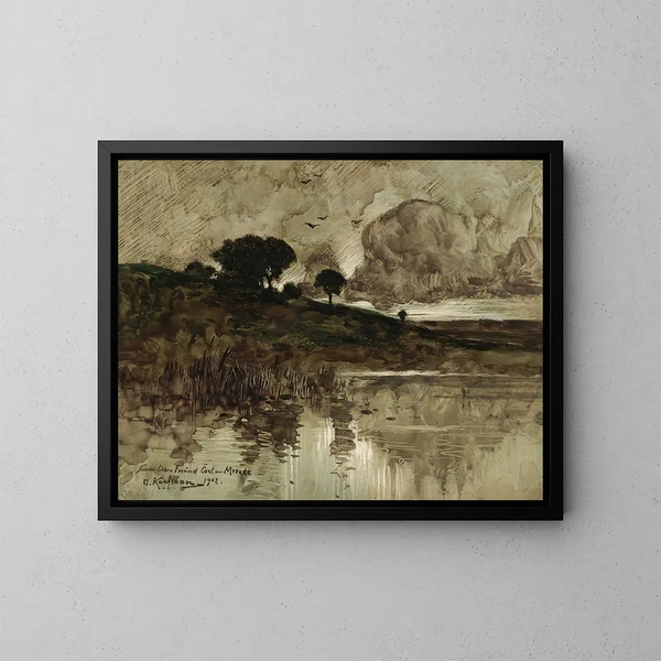 Herfstavond aan de oever van het meer - Adolf Kaufmann — ingelijst kunstwerk aan de muur