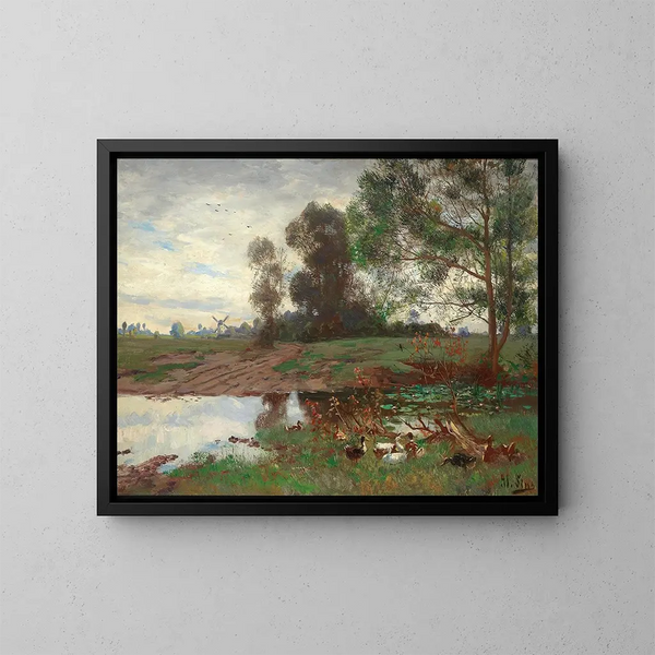 Eenden aan de rand van de vijver - Adolf Lins — ingelijst kunstwerk aan de muur